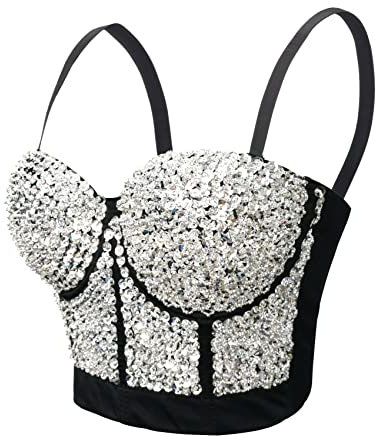 Woboren Damen Pailletten Perlen Bustier Crop Top Push-up Club Party Korsett Top with Detachable Strap