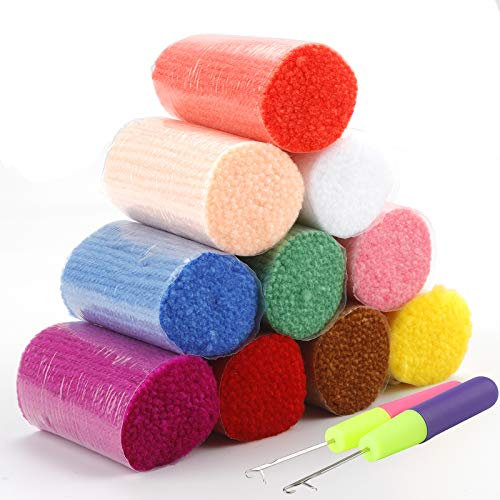 Rybtd 10 Stück Knüpfwolle für Teppich Bunt Schurwolle, 10 Farben Knüpfgarn, Häkelgarn, Wollstickgarn mit 2 × 16cm Knüpfnadel für Knüpfteppich Kissen Häkeln Basteln Heimtextilien