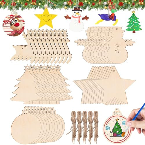 Zasiene Weihnachtsbaumschmuck Holz 50 Stück Weihnachten Holz Ornamente Weihnachtsbaum Anhänger Basteln, Holzanhänger Weihnachten Zum Bemalen, Runde, Weihnachtsbaum, Schneemann