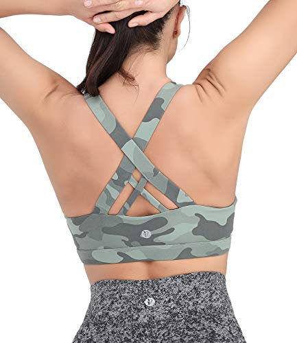 RUNNING GIRL Sports Bra for Women, Criss-Cross Back Padded Strappy Sports Bras Medium Support Yoga Bra with Removable Cups (A-Camouflage Green, M)