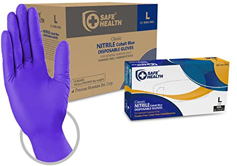Safe Health Guanti monouso in Nitile Blu Cobalto Taglia L, 1000 pezzi, Senza polvere Senza Lattice, EN 374 Pulizia Cucina Sanitaria Fai da te Salone di bellezza Consegna, 3 Mil