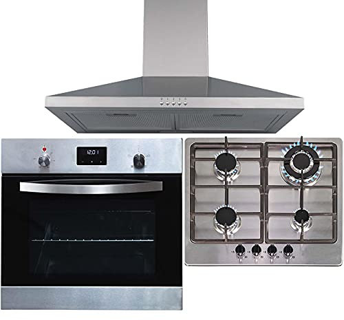 SIA SO114SS 60cm Stainless Steel Digital Electric Single True Fan Oven, SSG601SS 4 Burner Gas Hob with Cast Iron Pan Stands & Cooker Hood