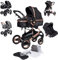 Bronea EXQUISE Kombi-Kinderwagen 3 in 1 INKL. MATRATZE | FARBAUSWAHL | Buggy, Auto-Babyschale, Zusammenklappbar mit Wickeltasche, Regenschutz, Mückenschutz & Sonnenschutz, Farbe:schwarz/champagne