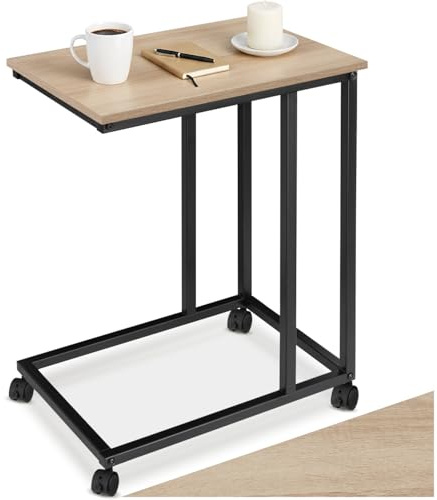 tectake® Beistelltisch C Form, Beistelltisch Holz mit belastbarem Metallgestell, Sofatisch mit Rollen, Laptoptisch, Couchtisch, Betttisch 48 x 35 x 70 cm - Industrial Holz hell, Eiche Sonoma