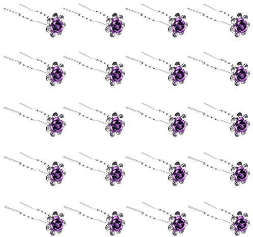 ZOUIQSS 20 Pack (Violet) Épingles à Cheveux en Cristal Rose Fleur Strass Pinces à Cheveux pour Mariée Mariage Femmes Accessoires de Bijoux de Cheveux, avec Récipient Transparent