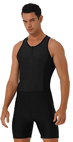 IEFIEL Shorts de Bain Homme Maillot de Bain Rashguards Body Singulet Lutte Masculine Justaucorps Débardeur Dos Nageur Combinaison Piscine Natation Noir Zip 3XL