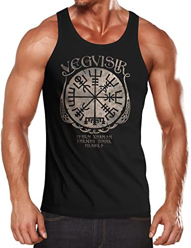Neverless® Herren Tank-Top Vegvisir Runenkompass nordischer Kompass Wikinger Nordmänner Mythologie Muscle Shirt schwarz-Gold M