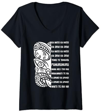 Damen Haka Text Neuseeland Black Maori New Zealand Kiwi NZ Rugby T-Shirt mit V-Ausschnitt