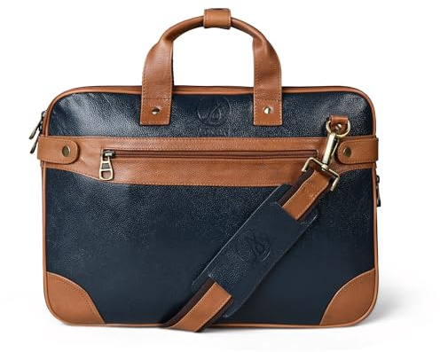 ADYAN Leder-Aktentasche, Laptop-Messenger-Tasche für Damen und Herren, Vintage-Leder-Umhängetasche, Marineblau, marineblau, Medium