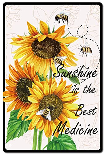 CREATCABIN Sunflower Bee Tin Sign Vintage Metal Signs Iron Painting Retro Metal Tin Sign Plaque Poster Wall Art Garden House Plaque for Bathroom Kitchen Cafe Wall Christmas Decor 8 x 12 Inch