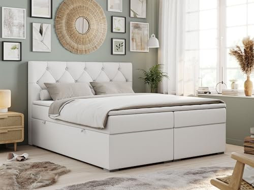 MKS MEBLE Boxspringbett 160x200 mit Matratze und Topper, Boxspringbett mit Bettkasten und Kopfteil- Alda - H3 Weiß Kunstleder