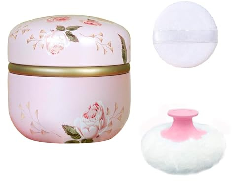 Qopoto Body Powder Puff and Container for Dusting Powder (Romantic Flowers)