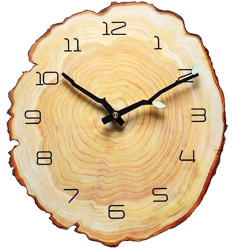 Funsec 12 Inch Annual Ring Wall Clock - Wood Grain Stump Clock with Arabic Numerals - Battery Powered, Silent Quartz Movement - Decorative for Home, Living Room, Office - Size: 10.55W x 11.88H