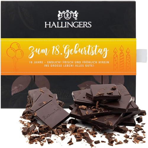 Hallingers Genuss Manufaktur Vegane Schokolade Geburtstagsgeschenk - Tafel aus handgeschöpftem Edelkakao ohne Alkohol edler Karton Zum 18. Geburtstag Pur 85%, Geschenke für Frauen Männer