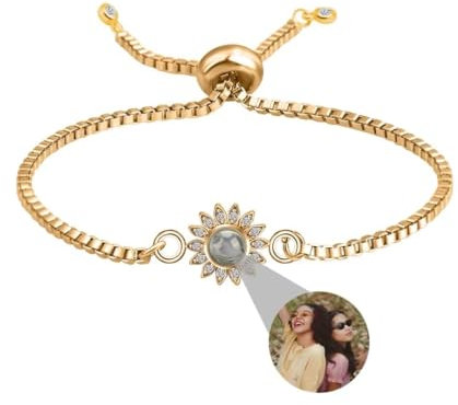 Personalisiertes Foto Armband Rund - Projektion Mit Erinnerung Bild im Stein - Ich Liebe Dich in 100 Sprachen für Damen, Freunde, Mutter - Weihnachten, Denkmal Geschenk - Silber, Rose Gold, Schwarz