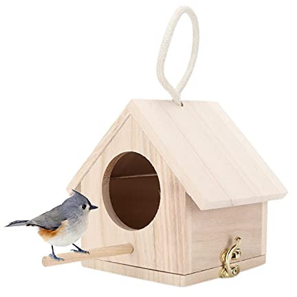 Ejoyous Holz Vogelhaus Box, Kleines Vogelhäuschen Hängende Vogelhölzer Nistkasten-Bausatz mit Sitzstange für Papageien Wellensittich kleine Vögel 15.5x12x14.5cm