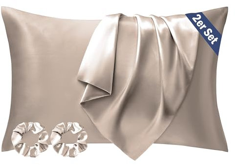 Seiwohl Satin Kissenbezug 50x80 2er Set, Weich wie Seidenkissenbezug Silk Pillowcase, Vegane Seide Kopfkissenbezug Kissenhülle Seidenkopfkissen für Haar und Haut mit 2 Haargummis, Taupe