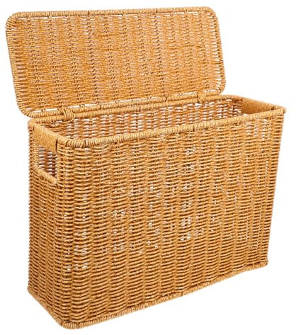 MAGICLULU Narrow Woven Storage Basket with Lid and Handle for Magazines, Toys and Sundries - Stylish Light Brown Container for Home Organization and Space Saving 38 x 27 x 15cm