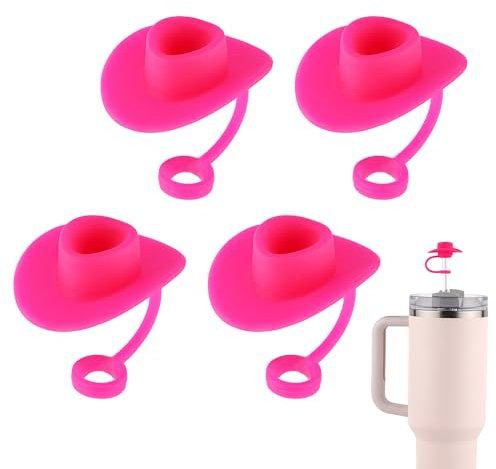 4pcs Cowgirl Hat Straw Cover, Cowboy Soft Silicone Straw Topper Pink Dust-Proof Cute Straw Caps Decorative Cup Accessories for Stanley Cup Tumbler (Rose Red)