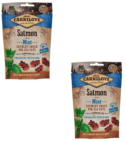 Carnilove Salmon with Mint | Doppelpack | 2 x 50 g | Ergänzungsfuttermittel für Katzen mit Lachs und Wilder Minze | Kann die Gesundheit von Zähnen und Zahnfleisch unterstützen