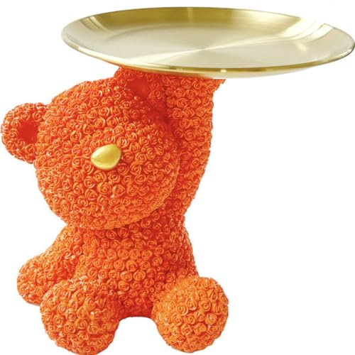 BLOOOK Statue Skulptur,Bär Figur Dekorative Tablett,Bären Skulpturen mit Dekotablett,Teddy Bär Deko Figuren Schlüsselschale,Dekoschale für Dessert Kosmetik Schmuck Kerzen (Orange)