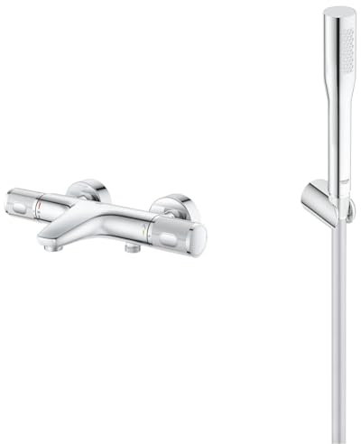 GROHE Mitigeur thermostatique douche Precision Feel, montage mural, indicateur & Vitalio Get Stick Ensemble de Douche (Pommeau de Douche 1 jet Economie d’eau, Support Mural, Flexible de douche