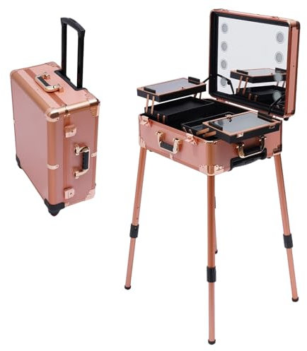 Mallette de maquillage à roulettes, 55,8 cm, avec 4 roulettes, éclairage et miroir, Or rose, Valise de maquillage à roulettes