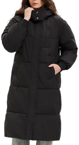 PUFFIT Manteau long à duvet pour femmes, manteau d'hiver épais 2024 avec capuche et poches profondes, veste d'hiver chaude pour dames, noir, X-Large
