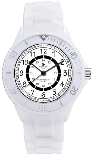 Alienwork Kids Montre Pédagogique Apprendre l'Heure Enfants Garçon Fille Blanc Bracelet en Silicone Noir Enfants Temps d'apprentissage Cadran Bracelet Lumineux