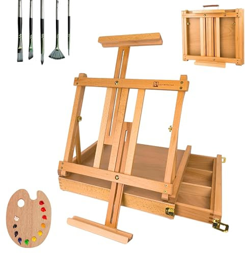QUE MONA LISA Caballete mesa plegable profesional GAUGUIN con cajon. Incluye pinceles y paleta de pintura. Ajustable para lienzos grandes y pequeños. Maletin Madera de Haya. Adultos, niños