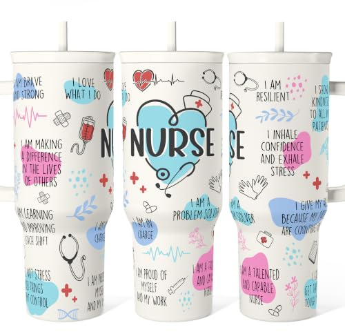 SANDJEST Vaso de enfermera con asa de 40 onzas, taza de viaje de café con pajita, regalos de agradecimiento para enfermeras, regalo de enfermería para mujeres, enfermeras, regalo de enfermería para