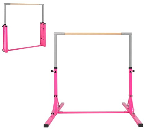GYMAX Turnstange höhenverstellbar, Faltbare Übungsstange mit Rädern & rutschfeste Fußpolster, Turnreck bis 100 kg belastbar, Gymnastik Turnreck für Innen- & Außenbereich (Rosa)