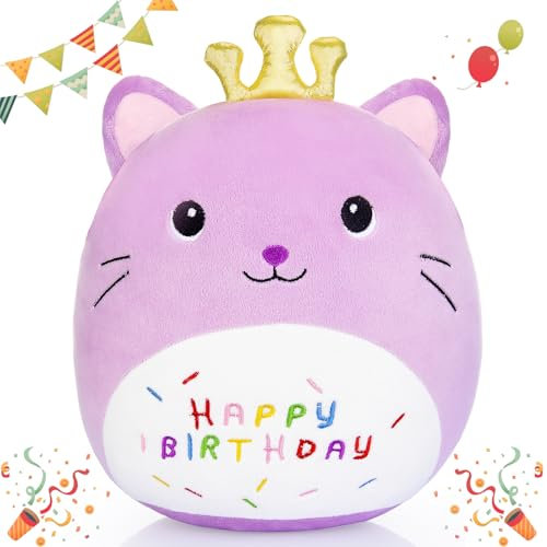 dashfor 26CM Happy Birthday Kuschelkissen Kinder, Kuscheltier Plüschtier Katze Cute Plushies Geschenk Mädchen 3-6 Jahre Geburtstagsgeschenk für Mädchen Spielzeug ab 3 Jahren
