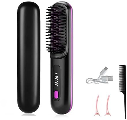 Haarglättungsbürste, kabellos, Glätteisen, Mini-Glättbürste mit 3 Temperaturmodi und LED-Bildschirm, tragbarer beheizter Kamm für Damen und Herren, Reisen, Schwarz