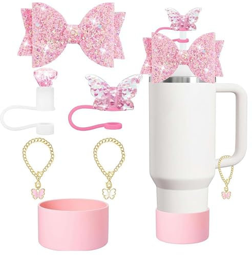 YUYQAQ Accessoires de tasse pour gobelet Stanley de 887 ml, 1200 ml, nœud et paillettes diamantées, couvercle de paille en métal, chaîne papillon en silicone, blanc, pour tasse Stanley
