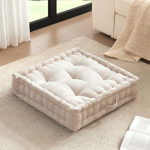 Intelligent Design Large Floor Pillow for Adults Yoga or Meditation Cushion with Handle, Floor Cushion for Board Games, Lustrous Chenille Tufted, Handsewn Scalloped Edge, Azza, 24 x 24 x 5 Ivory