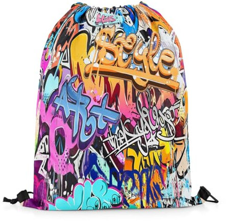 Loussiesd Hippie Graffiti Stil Turnbeutel 30x40cm für Erwachsene Männer Frauen Hip Hop Rucksack mit Kordelzug Graffiti Grafik Sportbeutel Grunge Art Dekor Sportsack Gym Sack