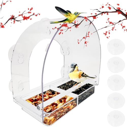 Window Bird Feeder, CTRICALVER with Hanging Suction Cup, Removable Tray and Drainage Holes, Outdoor Clear PC Plastic Bird Box (24.5 x 11 x 22.4 cm) for Garden Outdoor Backyard Wildlife Small Birds