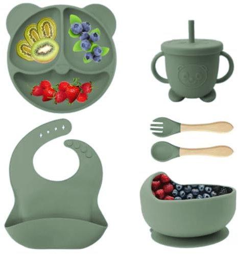 Eliano 6-teiliges Silikon Baby Geschirr Set – BPA-frei – Rutschfester Teller & Schüssel, Lätzchen, Trinklernbecher mit Strohhalm & Besteck – Baby Led Weaning Set