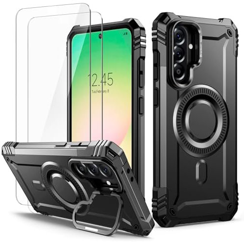 Lanhiem für Samsung Galaxy A56 5G Hülle mit 2 Stück Schutzfolie, Kamera Ständer Magnetisch Handyhülle für Samsung A56 5G Schutzhülle Militär Stoßfest Case, Schwarz