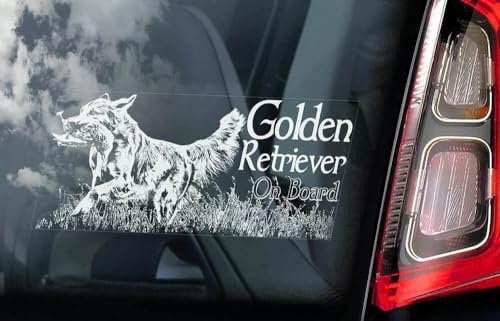 Golden Retriever on Board Auto-Fensteraufkleber, Pistolenhund, weiß, Rückseite bedruckt für interne Anwendung, 220 x 100 mm