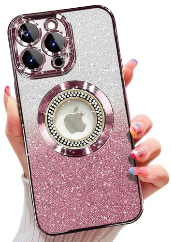 Misscase Magnetic Glitter for iPhone 14 Pro Case,Cute Full Protection Slim Shockproof Anti-Scratch Bling Sparkly Case with Camera Lens Protector, Logo View Dust-Proof Net for Women Pink