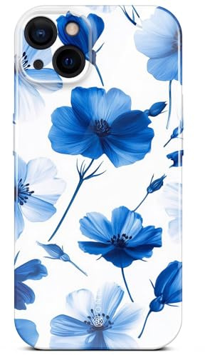 ONEFLOW Flower Cover für iPhone 15 Hülle in Floral Optik, Blumen Designer Case Handy Schutzhülle mit Kameraschutz, Hardcase dünne Handyhülle Blumenmuster, Blau Weiß