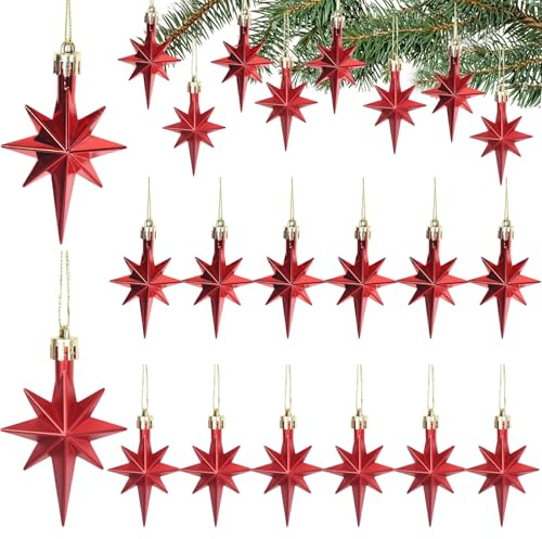 Weihnachtsbaumschmuck Stern, 12 Stück Glitzer Sterne Bethlehem Star Anhänger Christbaumschmuck, Kunststoff Weihnachtsanhänger Weihnachtsbaumdeko Anhänger Baumschmuck Weihnachten Deko (Rot)
