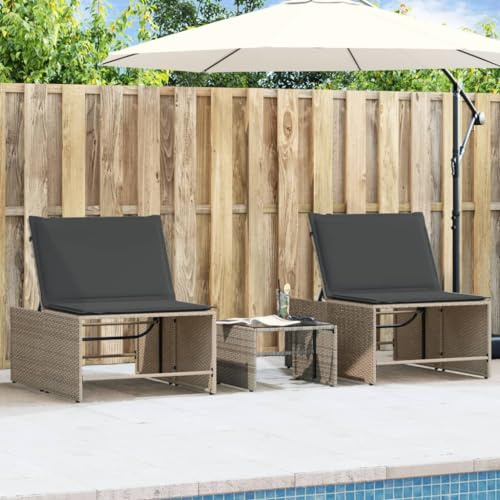 Frdhee Liegestuhl Balkon Liege,Sonnenliegen 2 STK. mit Tisch Grau Poly Rattan,Kippliege für Camping,Garten,Pool