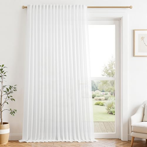 MRTREES 1 Stück Extra Breite Leinenvorhang Halbtransparent für Wohnzimmer Modern Schlafzimmer Große Fenster H 240 x B 200 cm, Gardinen Weiß Leinenoptik mit Verdeckten Schlaufen