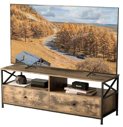 Relaxdays TV-Lowboard, 2 Fächer, 2 Schubladen, TV-Schrank bis 55 Zoll, HBT 50 x 120 x 40 cm, Fernsehtisch, braun/schwarz