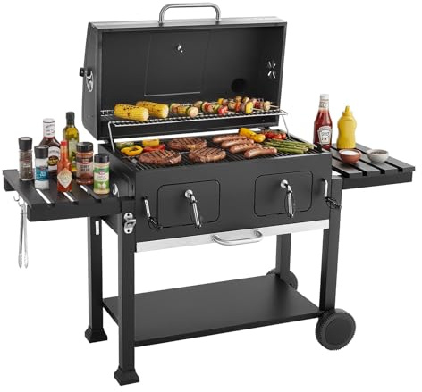VEVOR Barbecue à Charbon sur Roulettes, Gril à Charbon de Bois avec Zone de Cuisson de 0,5 m², pour Camping Pique-nique BBQ Terrasse Jardin Fête en Plein air, avec Tablettes Latérales Pliables