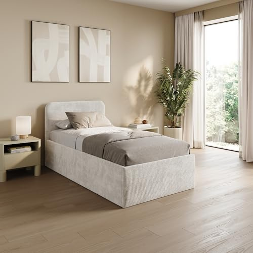 Home Collective Polsterbett 100x200 cm Doppelbett Bett mit verstellbarem Lattenrost & Stauraum, Matratze Kaltschaum H3 viele Größen verfügbar | Kordstoff Hellbeige