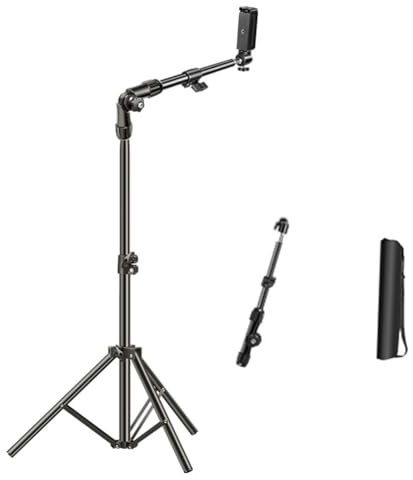 Adjustable Phone Tripod Stand Floor Telescopic Bracket with Long Extendable Arm, Detachable Horizontal Overhead Tripod for Live Streaming, Video Recording